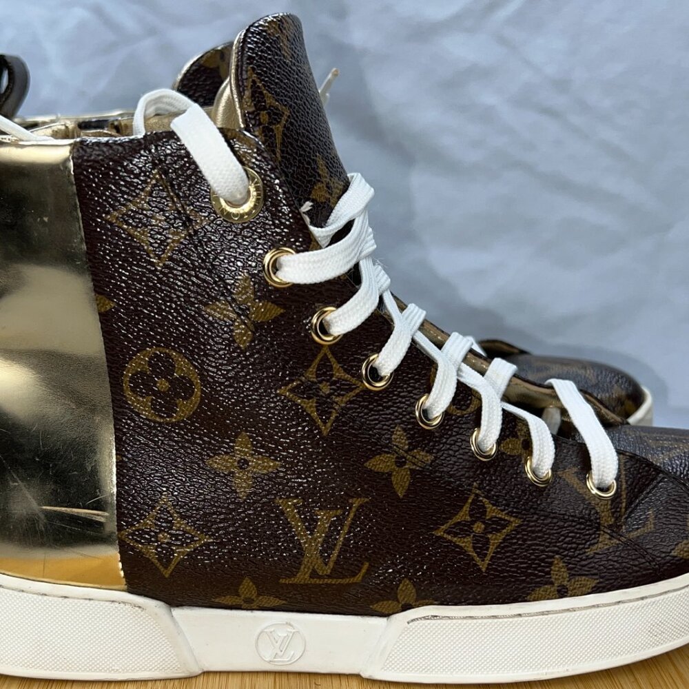 Louis Vuitton Women Brown Sneakers Leather Casual High Top Trainer Shoes sz 6